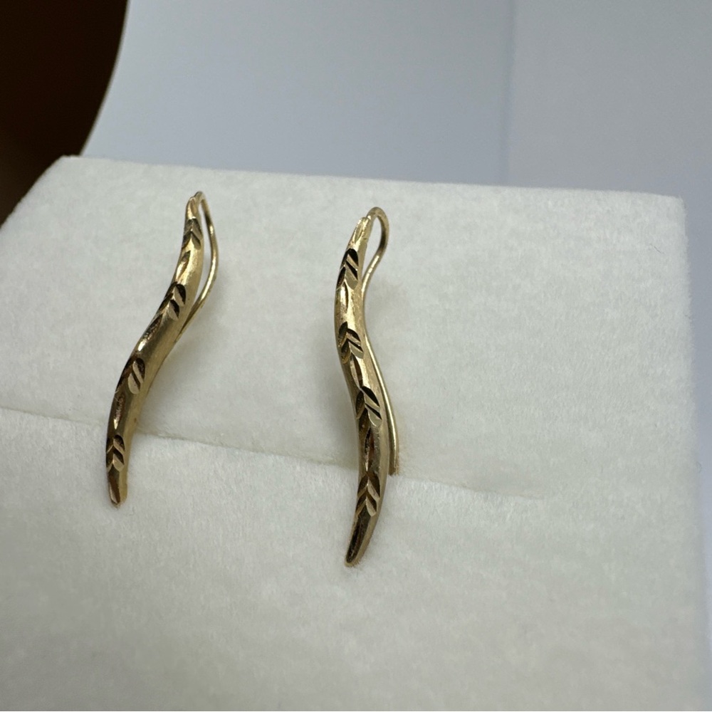 Vintage 14k Diamond Cut Wave Drop Bar Stick Hook Earrings Fine Jewelry 1.2g